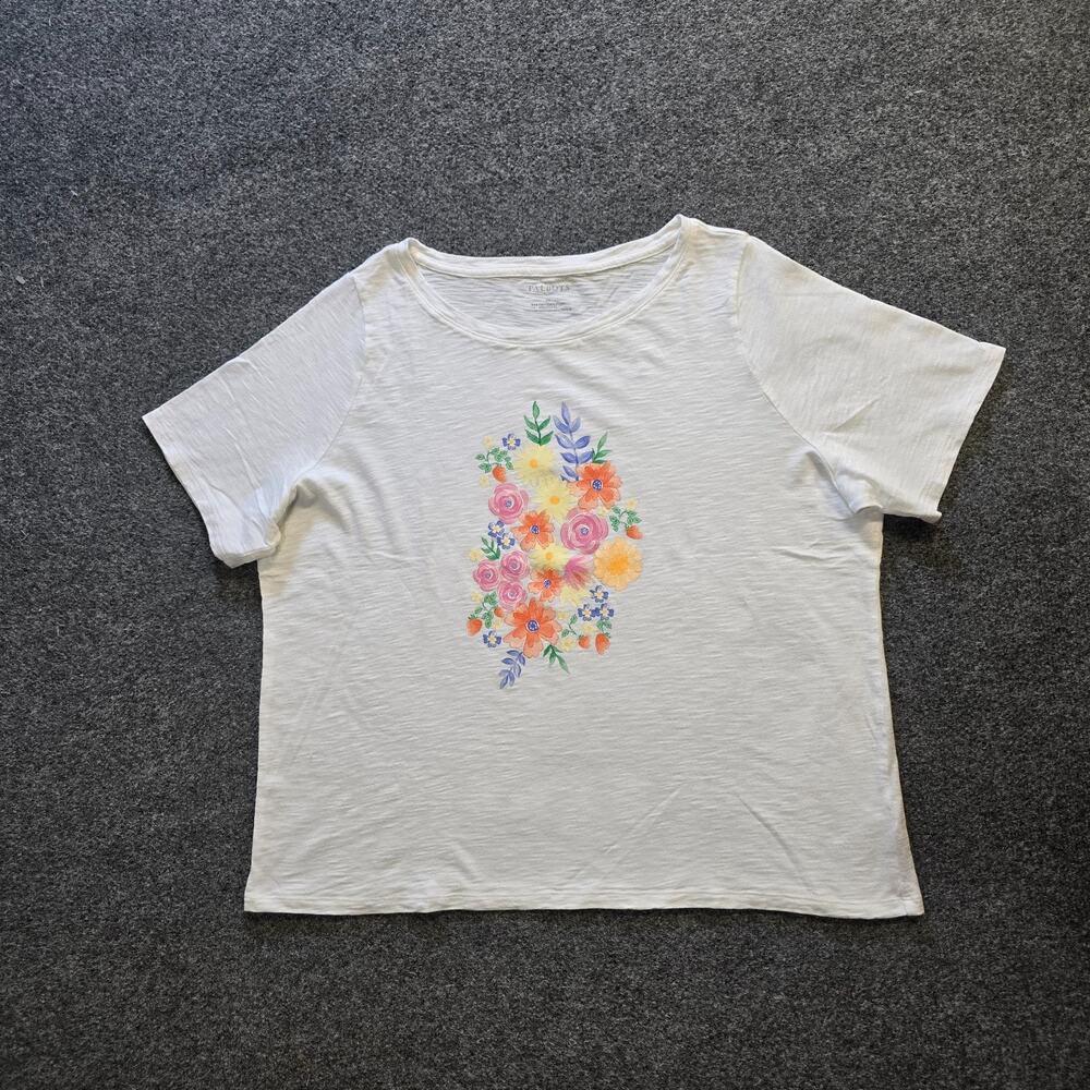 Talbots Top Womens 2X White Slub Knit Floral Graphic Short Sleeve Basic Casual